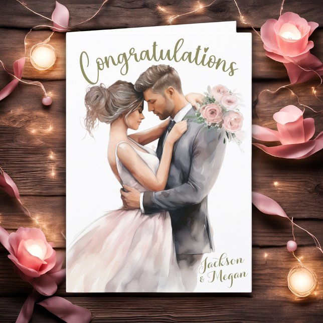 Tarjeta Las Acuarelas Felicitan A La Novia Y Al Cachorro C (Watercolor Congrats To Bride & Groom With Names Card)