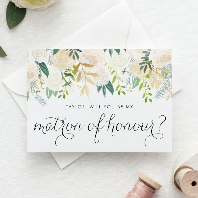 Tarjeta Las flores de marfil acuarela son mi señuelo de ho (Floral matron of honour proposal card with ivory flowers, greenery, and faux gold foil accent.)