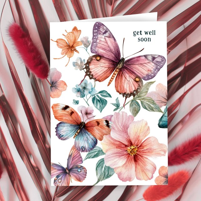 Tarjeta Las hermosas mariposas y flores se vuelven bien pr (Beautiful Butterflies and Flowers GET WELL SOON Card
)