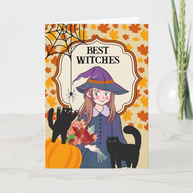 Tarjeta Las mejores brujas de Halloween con gatos y araña (Anverso)