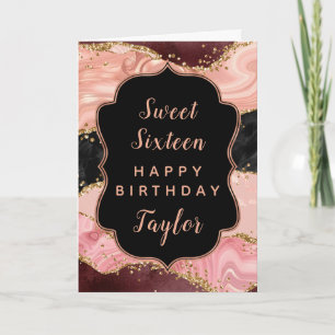 Tarjeta Las secuelas rosadas negras agate Sweet 16 Feliz c