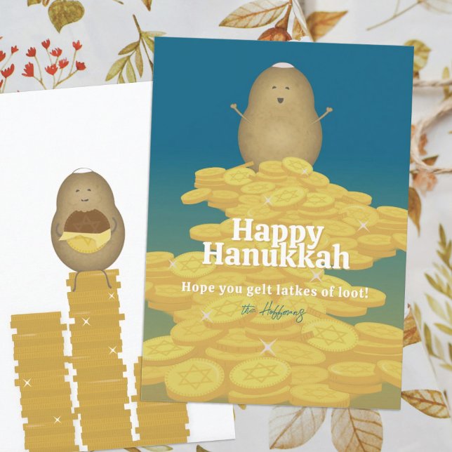 Tarjeta Latkes y Gelt Hanukkah (Subido por el creador)