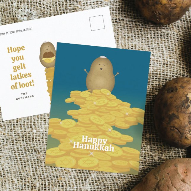 Tarjeta Latkes y Gelt Hanukkah (Subido por el creador)