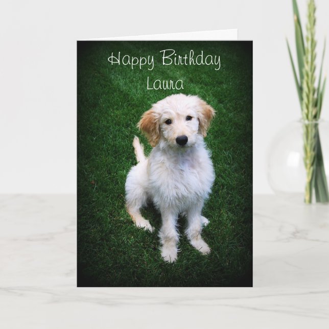Tarjeta Laura Happy Birday Golden Doodle Puppy (Anverso)