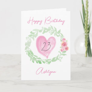 Tarjeta Laurel Watercolor Corazón Rosa 23 cumpleaños