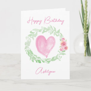 Tarjeta Laurel Watercolor Pink Heart