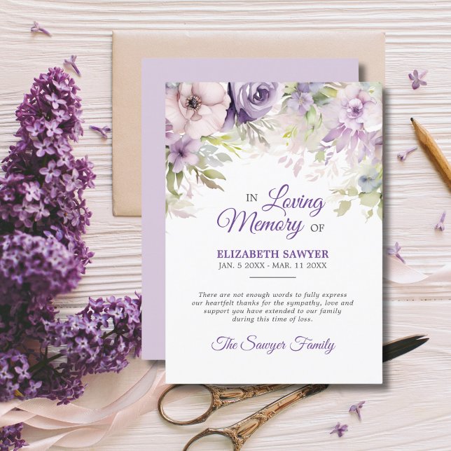 Tarjeta Lavanda Funeral Memoria violeta púrpura GRACIAS (Funeral Lavender Purple Violet Memory THANK YOU Card)