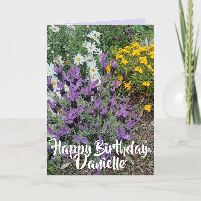 Tarjeta Lavanda morada y flores de margarita cumpleaños (Anverso)