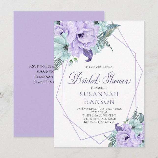 Tarjeta Lavanda y ducha de novia geométrica floral de ment (Anverso / Reverso)