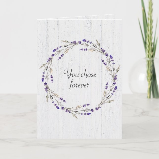 Tarjeta Lavender Boda Wreath En Madera (Anverso)