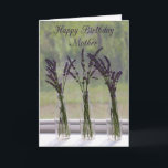 Tarjeta Lavender Bouquets Mother Happy Birday<br><div class="desc">Un trío de ramos de lavanda en botellas se sientan en un alféizar de ventana en una granja en Kansas, donde se cultiva fila tras fila una variedad de lavanda. Fue un placer visitar esta fragante granja para disfrutar de una de mis flores favoritas. Desde tiempos antiguos, la gente ha...</div>