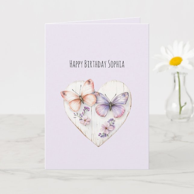 Tarjeta Lavender Pink Floral Heart Butterflies Birthday (Planta pequeña)