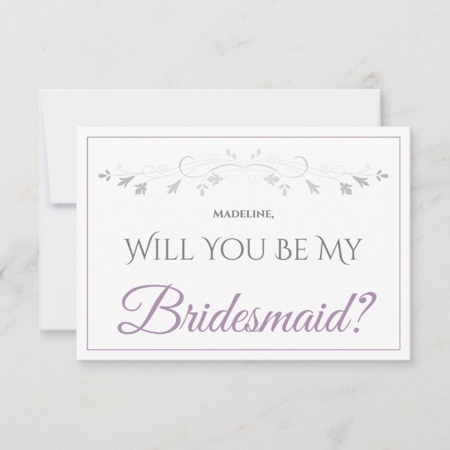 Tarjeta Lavender Purple & Grey Be My Bridesmaid Card (Anverso)