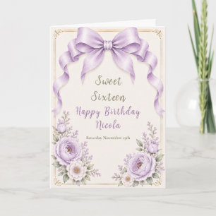 Tarjeta Lazo Coqueto de Lavanda Floral para Sweet Sixteen