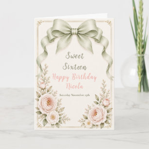 Tarjeta Lazo Coquette Verde Salvia Floral Dulces Dieciséis