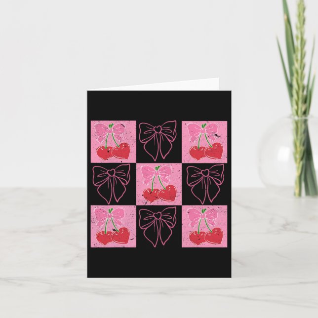 Tarjeta Lazo de cinta rosa de coqueta de cereza a cuadros  (Anverso)