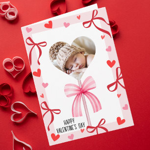 Tarjeta Lazo de Coqueta Rosa y Foto de Piruleta, Día de Sa