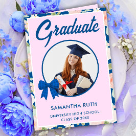 Tarjeta Lazo de gingham azul de flor silvestre Foto Gradua