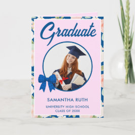 Tarjeta Lazo de gingham azul de flor silvestre Foto Gradua