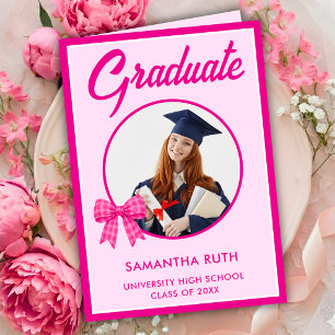 Tarjeta Lazo de gingham rosa intenso Foto Graduación