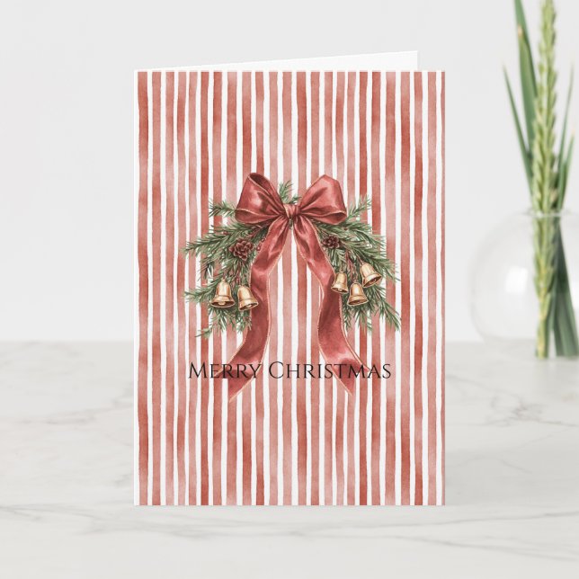 Tarjeta Lazos de Navidad de rayas rojas y blancas con camp (Anverso)