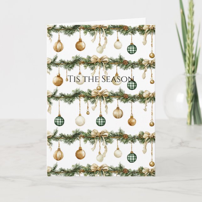 Tarjeta Lazos Marrones Rústicos Navidad Verde Crema (Anverso)