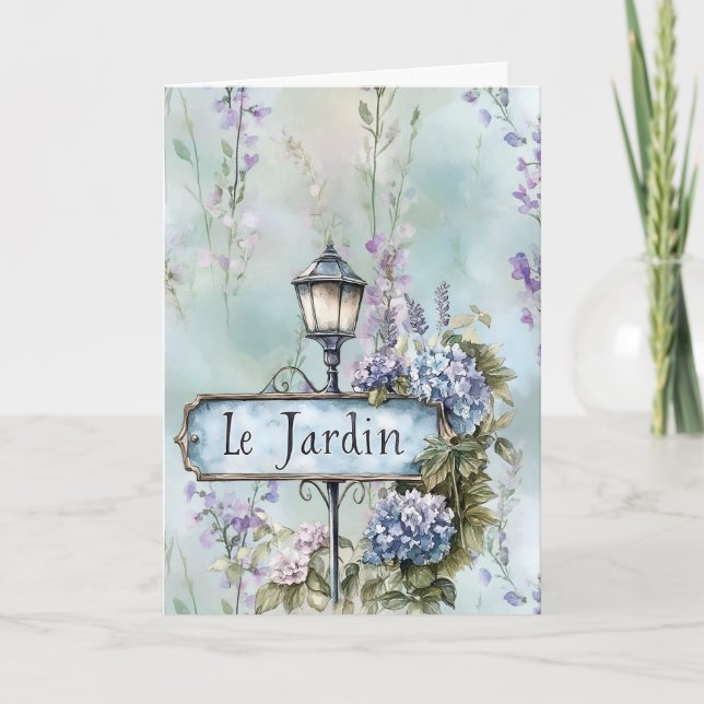 Tarjeta Le Jardin (el jardín) Bonito Flores violetas (Anverso)