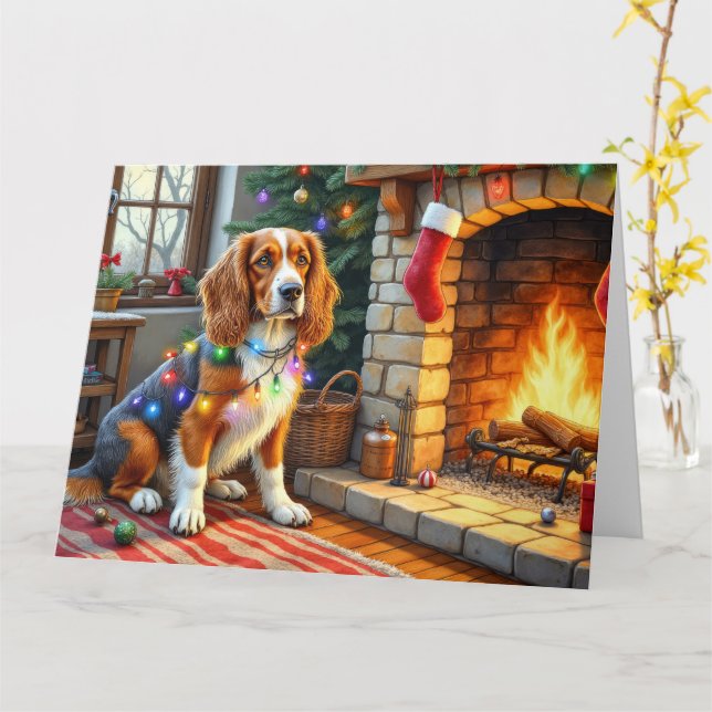 Tarjeta Lebrel afgano chimenea con luces de Navidad (flor amarilla)