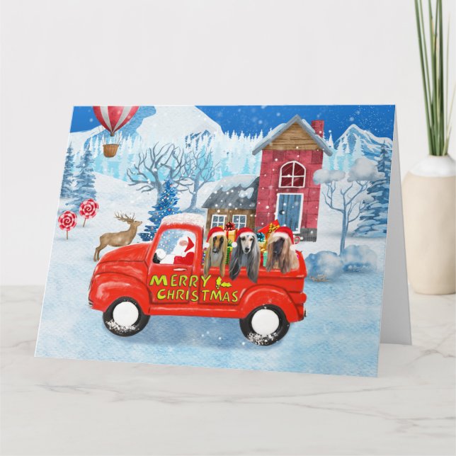 Tarjeta Lebrel afgano perro en camión de entrega de Navida (Anverso)