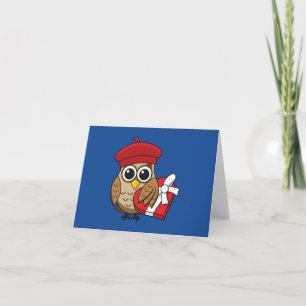 Tarjeta Lechuza con Beret Rojo y Caja Corazón