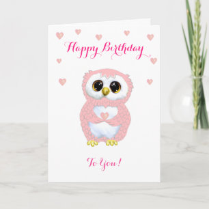 Tarjeta Lechuza, corazones rosados y deseos de cumpleaños