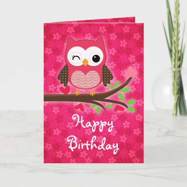 Tarjeta Lechuza Cute Rosa Caliente Noche Feliz Cumpleaños (Anverso)
