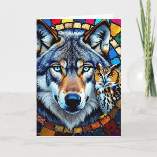 Tarjeta Lechuza de estilo mosaico y lobo   Cumpleaños