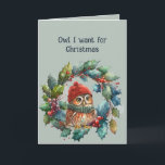 Tarjeta Lechuza divertida romántica que quiero a los Navid<br><div class="desc">Lechuza divertida romántica que quiero para Navidades es TÚ bajo el Mistletoe</div>