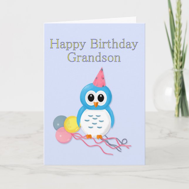 Tarjeta Lechuza Personalizado de cumpleaños y globos nieto (Anverso)