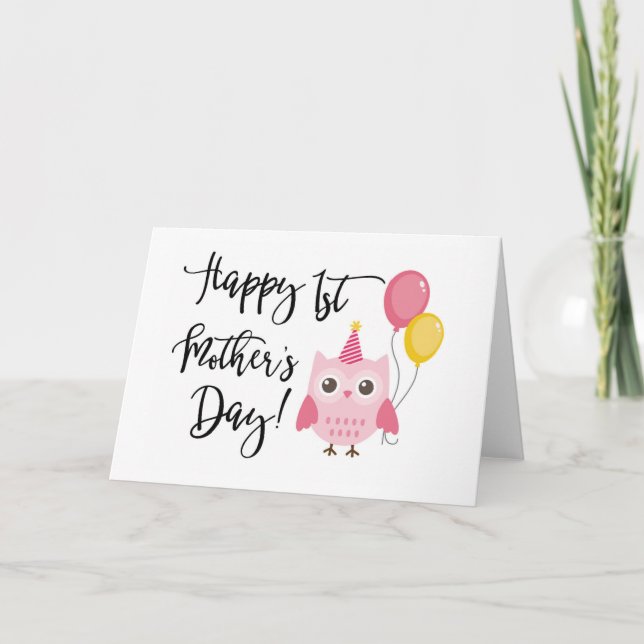 Tarjeta Lechuza rosa dulce primer día de la madre (Anverso)