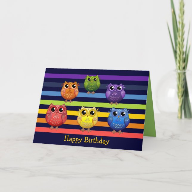 Tarjeta Lechuzas arcoiris personalizado de cumpleaños Tarj (Anverso)