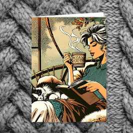 Tarjeta Lecturas de una dama acogedora con café y gato