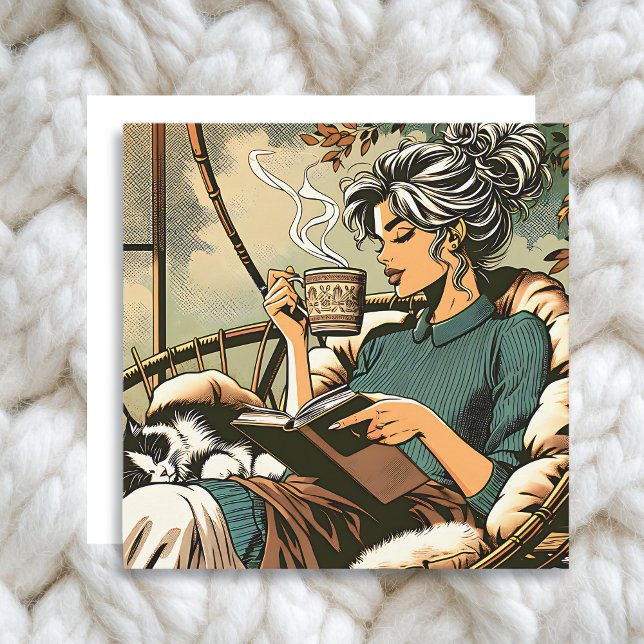 Tarjeta Lecturas de una dama acogedora con café y gato (Subido por el creador)