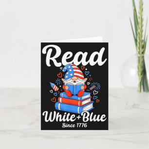 Tarjeta Leer Gnomo Blanco Azul USA Leyendo 4 de Julio