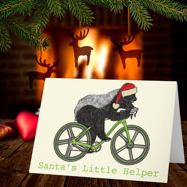 Tarjeta Lema festivo de Badass divertido en bicicleta (Funny christmas honey badger on a bicycle santa little helper quote holiday greetings card)