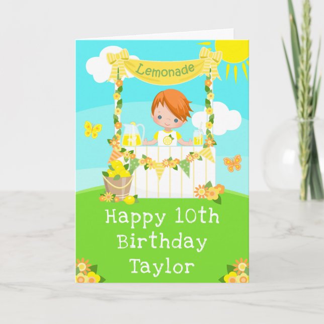 Tarjeta Lemonade Red Hair Boy Feliz cumpleaños (Anverso)