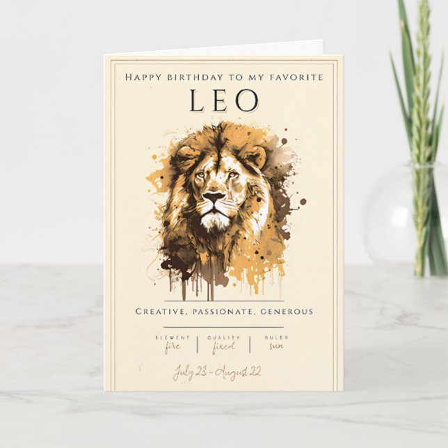 Tarjeta Leo Símbolo Zodiaco Acuarela Astrología Cumpleaños (Anverso)