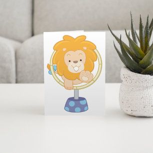 Tarjeta León de dibujos animados saltando a través de un a