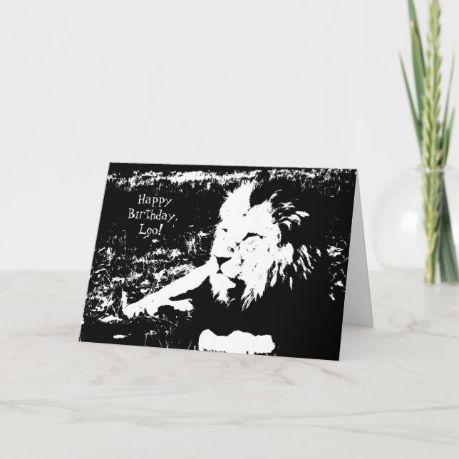Tarjeta ¡León en blanco y negro - feliz cumpleaños Leo! (Anverso)
