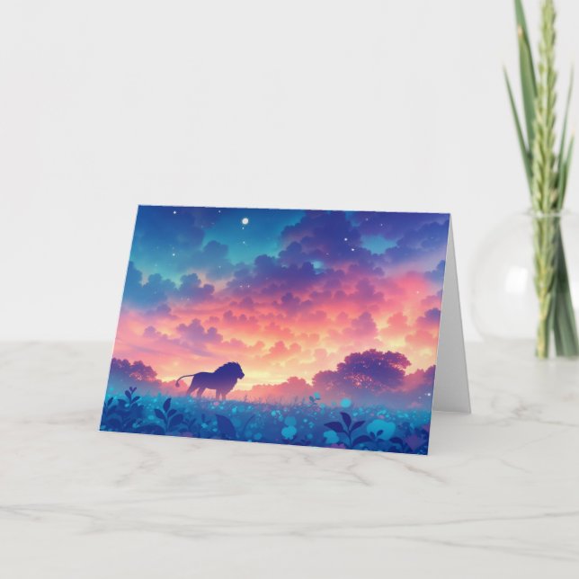 Tarjeta León en un Campo de Tonos de Puesta de Sol (Anverso)