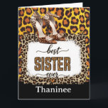 Tarjeta Leopard Animal Print Card for Sister - Elegante<br><div class="desc">Muéstrale a tu hermana algo de amor con nuestra Tarjeta de Impresión Animal Leopard, la manera perfecta de celebrar su cumpleaños o cualquier ocasión especial. Con un diseño atrevido y de moda leopardo, esta tarjeta puede ser personalizada con un mensaje personalizado, lo que la convierte en una manera única y...</div>