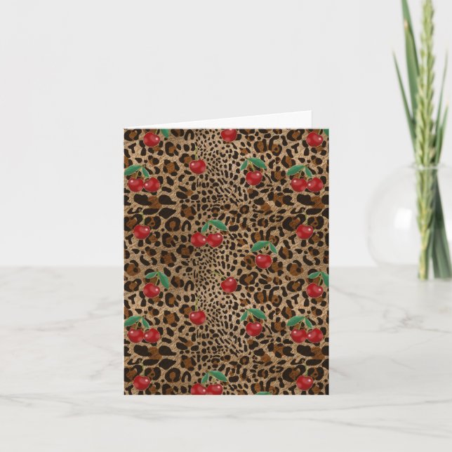 Tarjeta Leopard Cheetah Animal Print Red Cherry Pattern (Anverso)