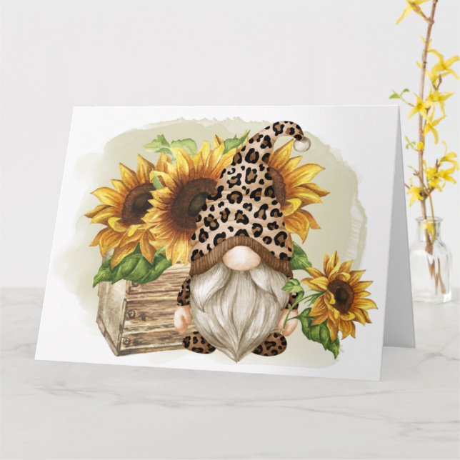 Tarjeta Leopard Gnome Sunflowers (flor amarilla)