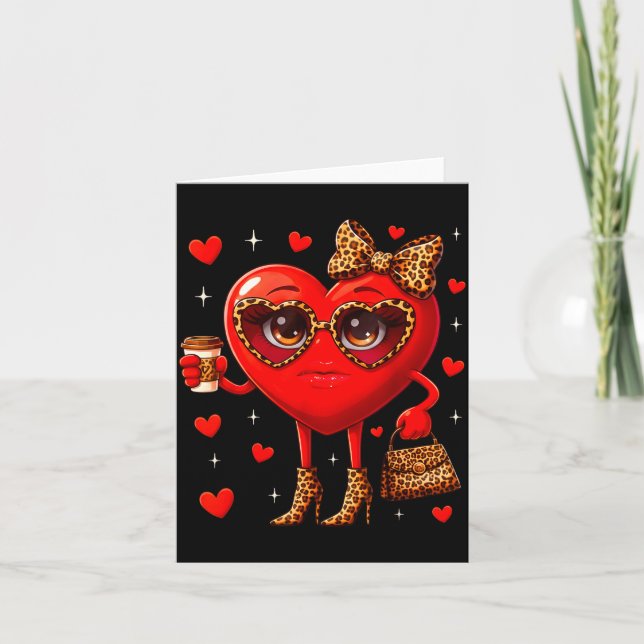 Tarjeta Leopard Heart Drinking Coffee Valentines Day Women (Anverso)